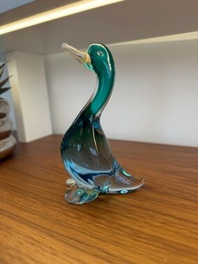 Murano Sommerso Glass Duck Figurine, Formia Blue And Green Murano Duck Sculpture